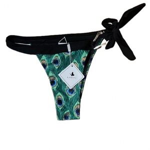 NWT Kamoni Peacock Print Bikini Bottom with Black Ties Gold Hardware Size Medium